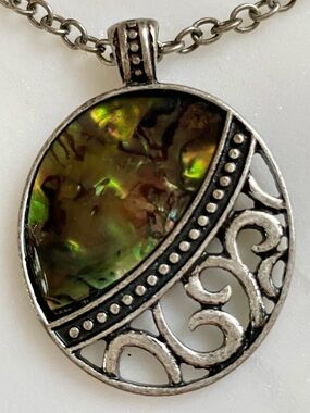 Silver Abalone Shell Pendant Necklace - Green Iridescent